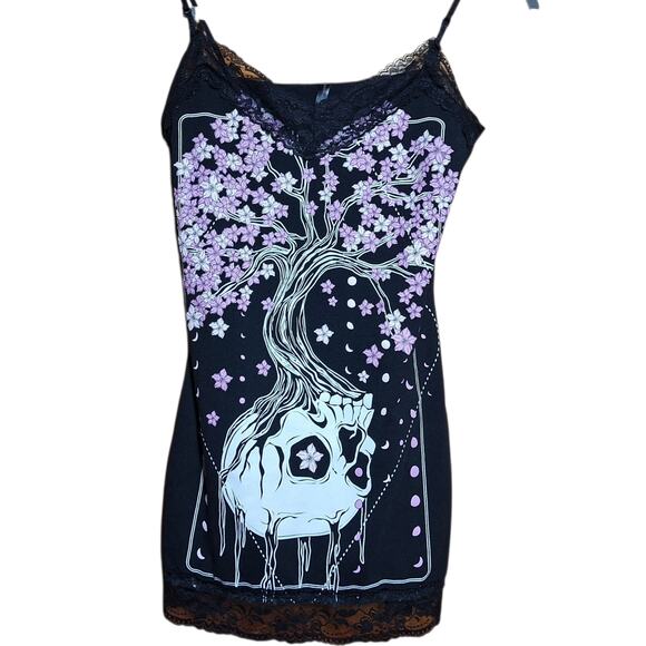 Bodyrage goth upside down skull tree graphic print lace trim cami tanktop floral - Picture 5 of 5